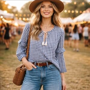 Splendid Navy Gingham Check Ruffled Tie Neck Navy White Long Sleeve Peasant Top